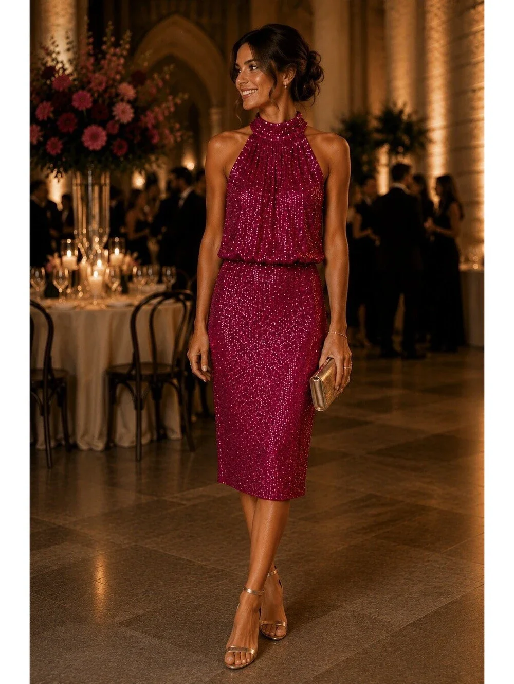 Eliza J Womens Pink Sequin Sleeveless Halter Dress Size 14